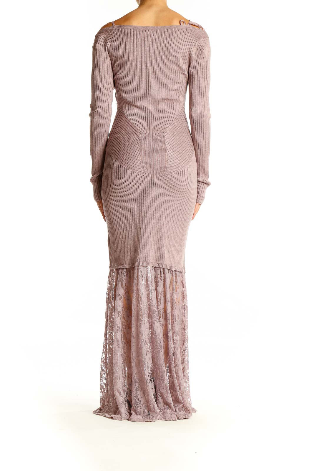 Back view of Anthropologie blush ribbed off-shoulder maxi dress showing lace mermaid skirt