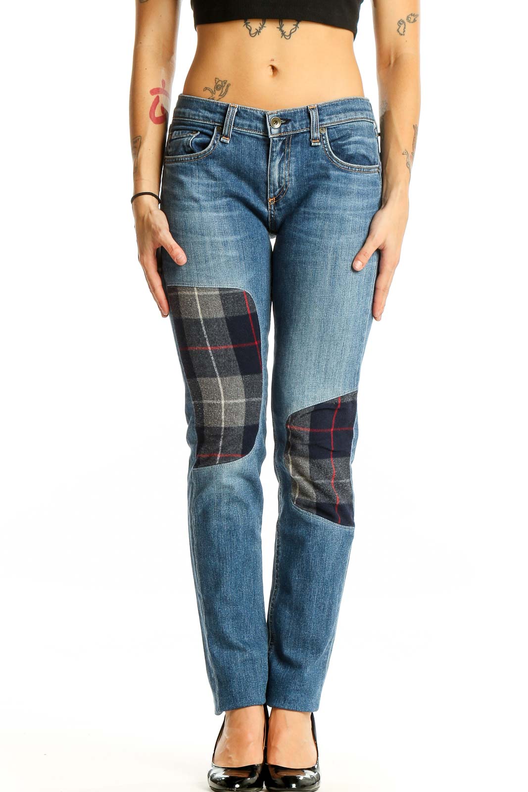 Blue Plaid Patchwork Denim Jeans