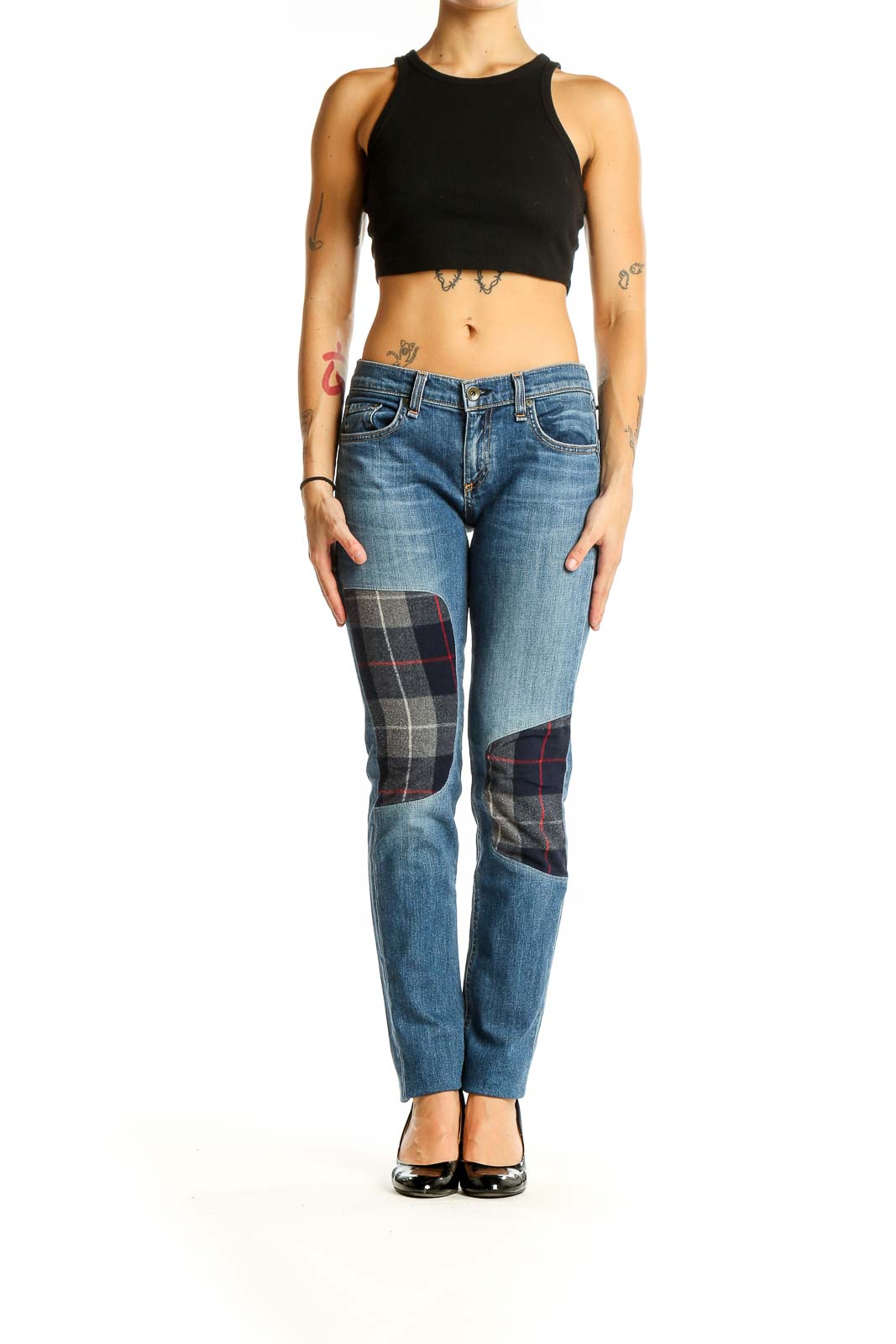 Blue Plaid Patchwork Denim Jeans