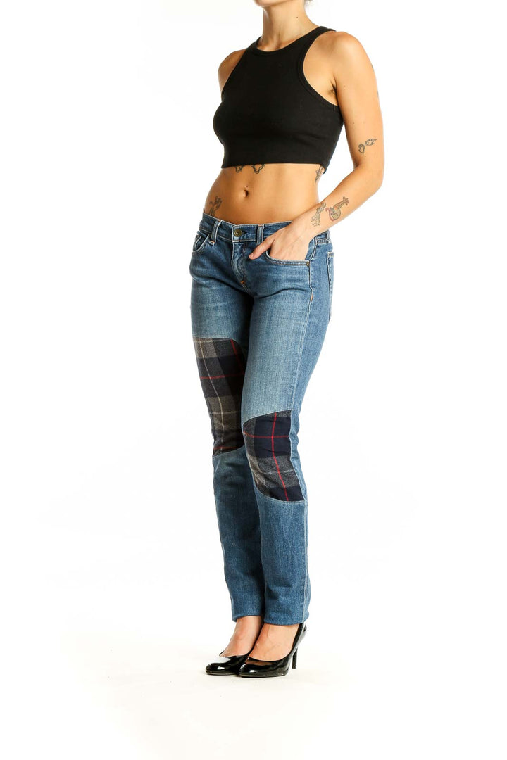 Blue Plaid Patchwork Denim Jeans