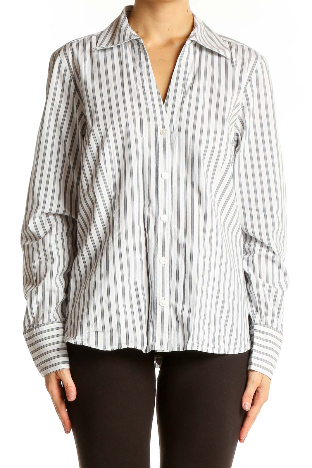 Front view of Ann Taylor LOFT white and gray striped button-up shirt