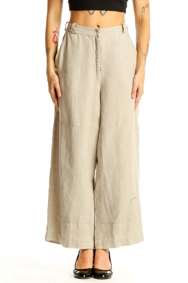 Beige Linen Wide Leg Pants