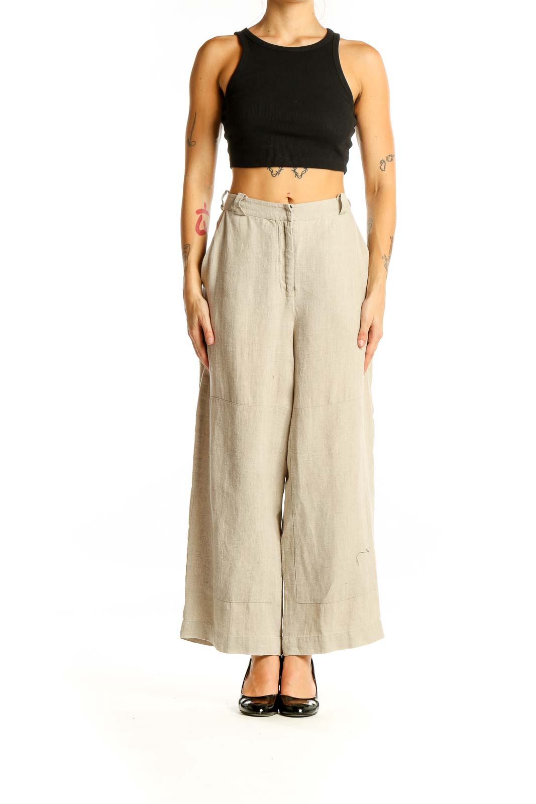 Beige Linen Wide Leg Pants