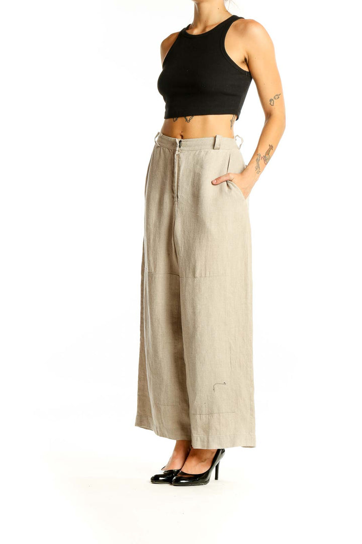 Beige Linen Wide Leg Pants