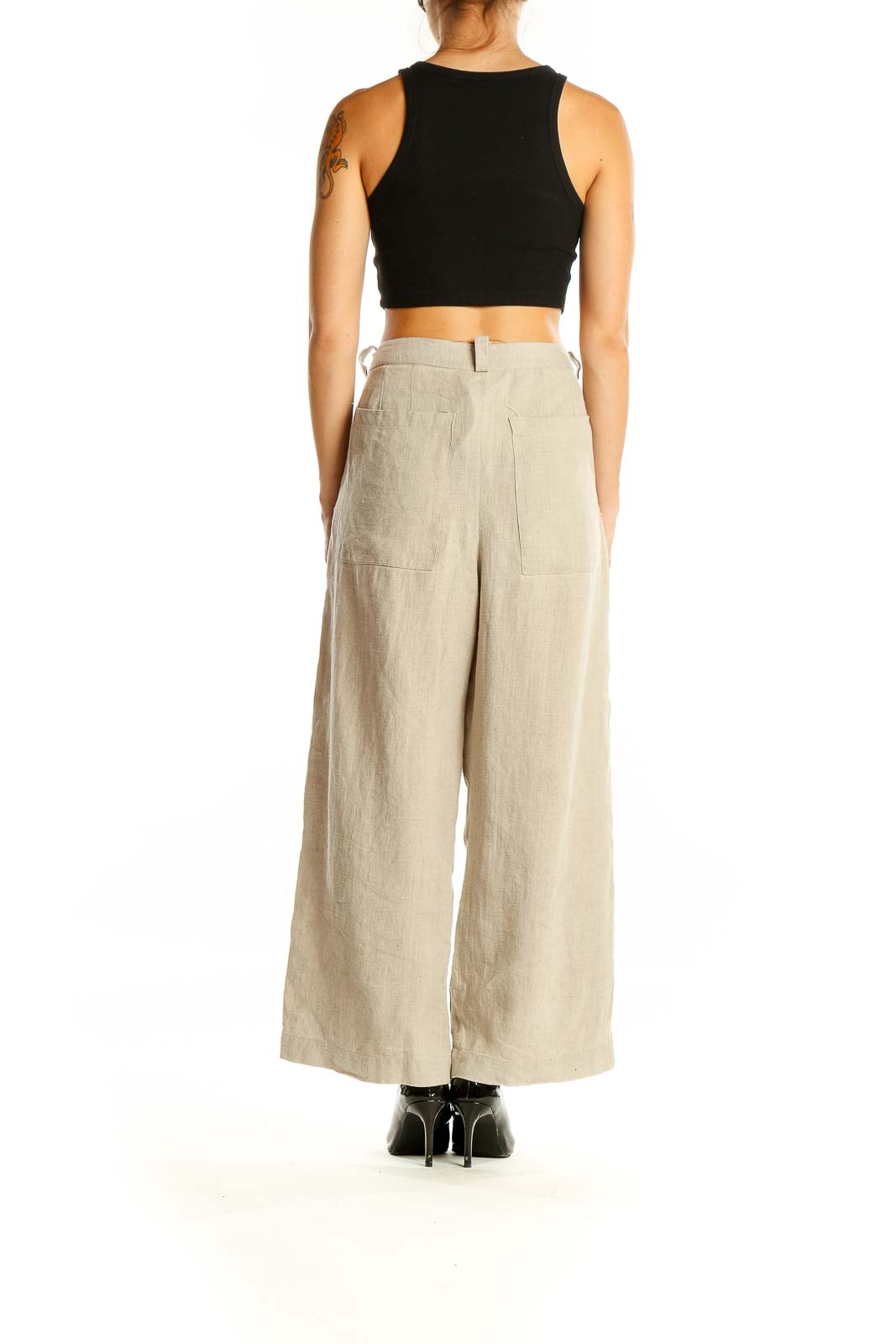 Beige Linen Wide Leg Pants