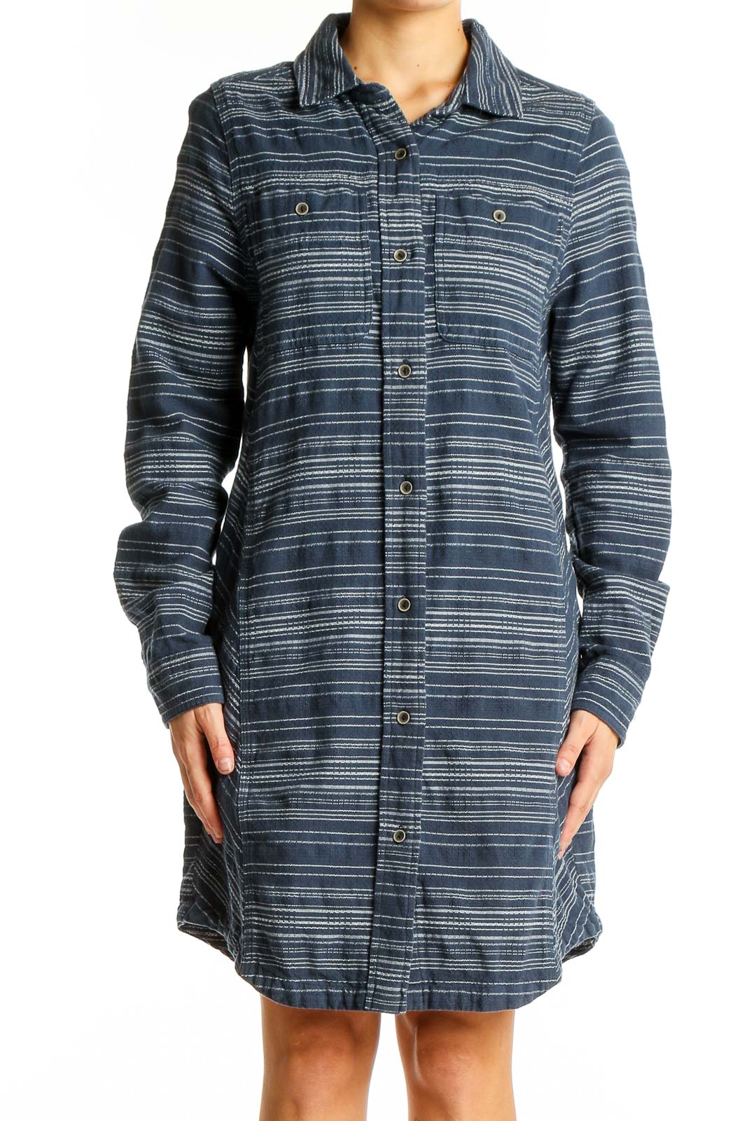 Front view of prAna navy striped button-down shirt dress