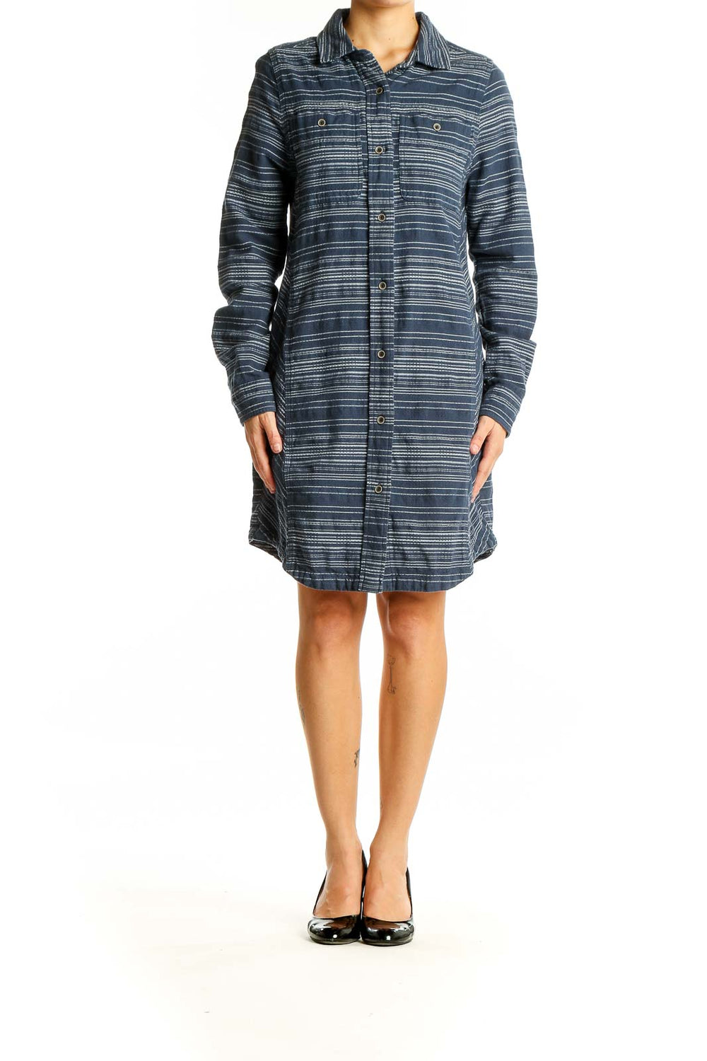 Front view of prAna navy striped button-down shirt dress