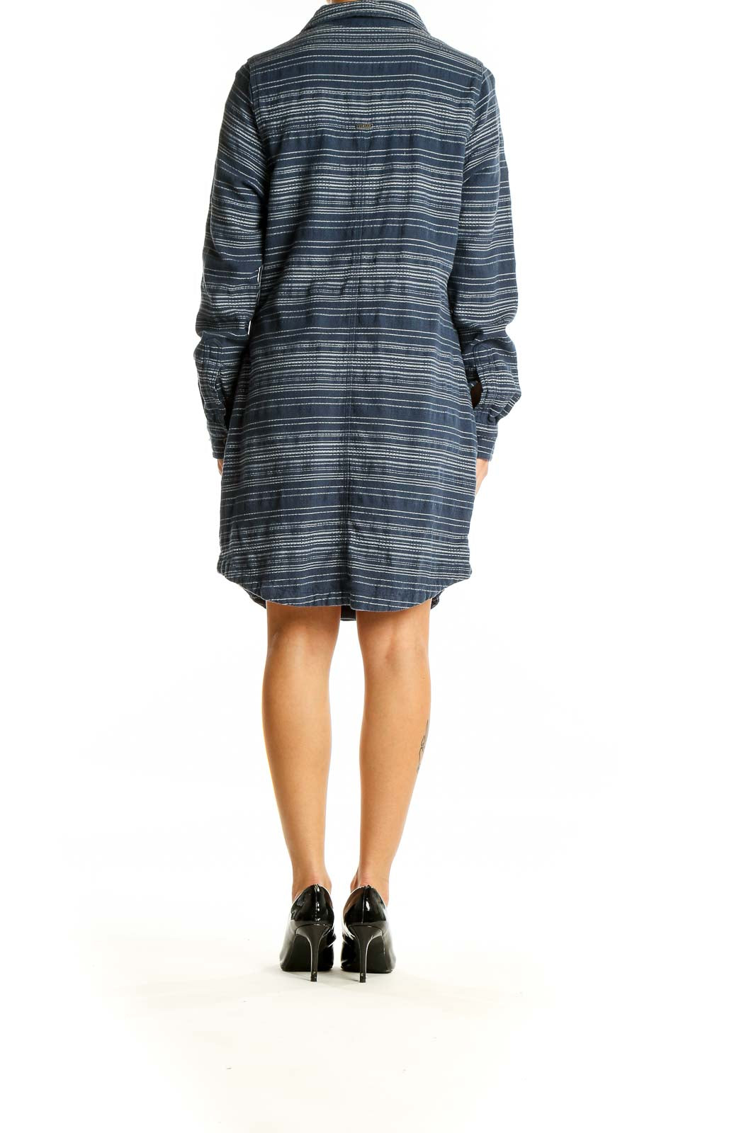 Back view of prAna navy striped button-down shirt dress