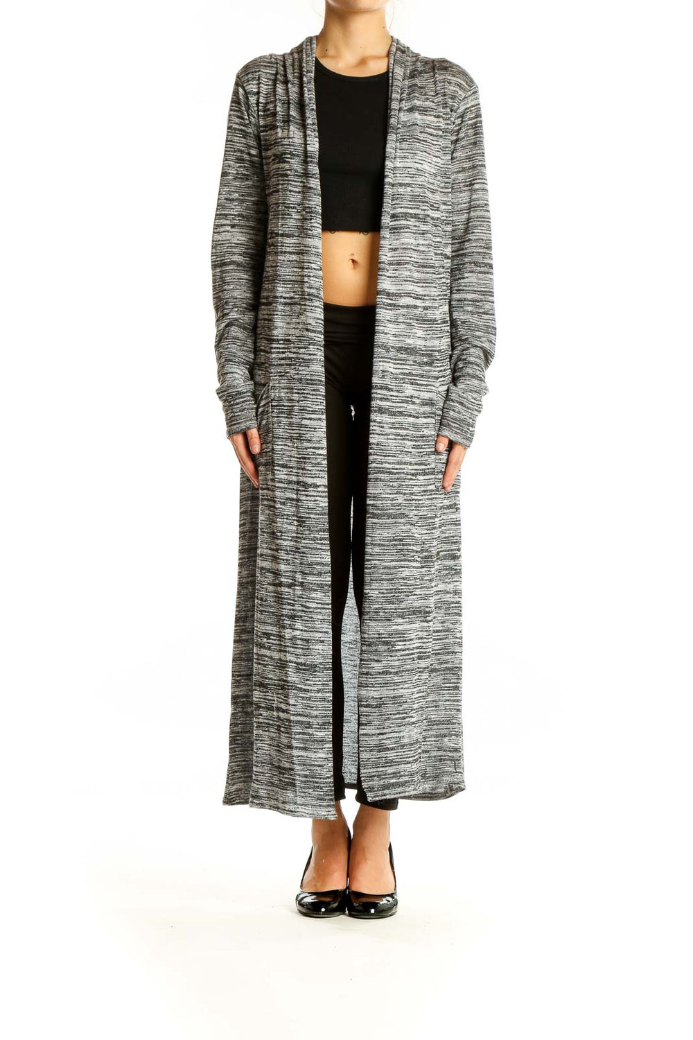 Gray Striped Print Maxi Cardigan