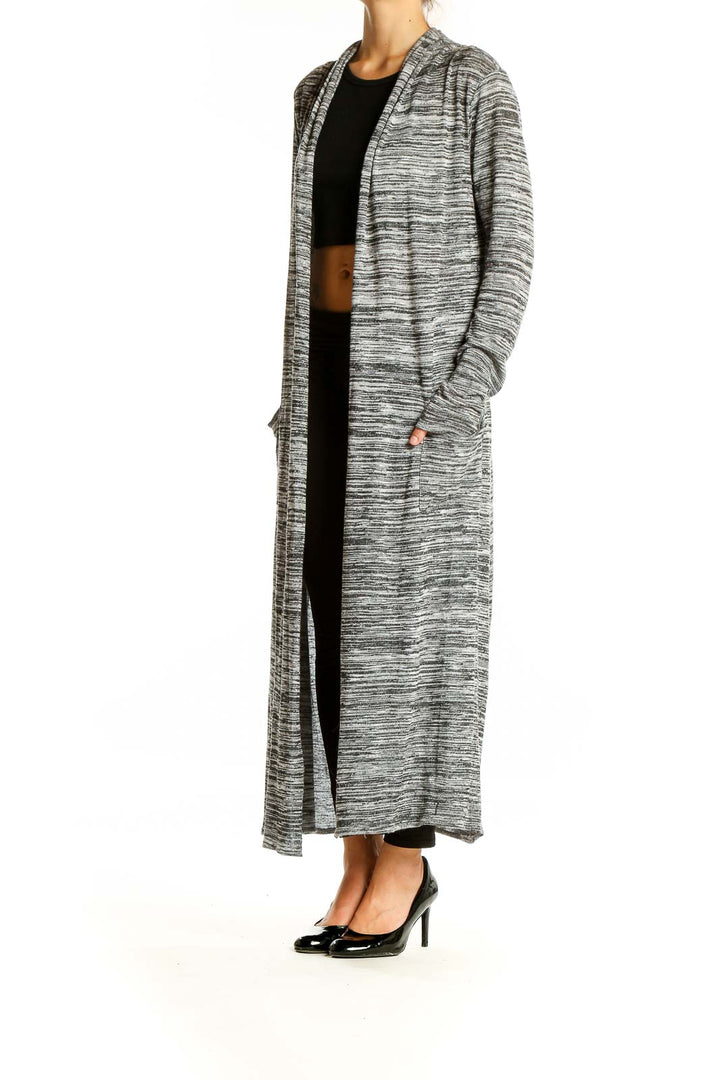 Gray Striped Print Maxi Cardigan