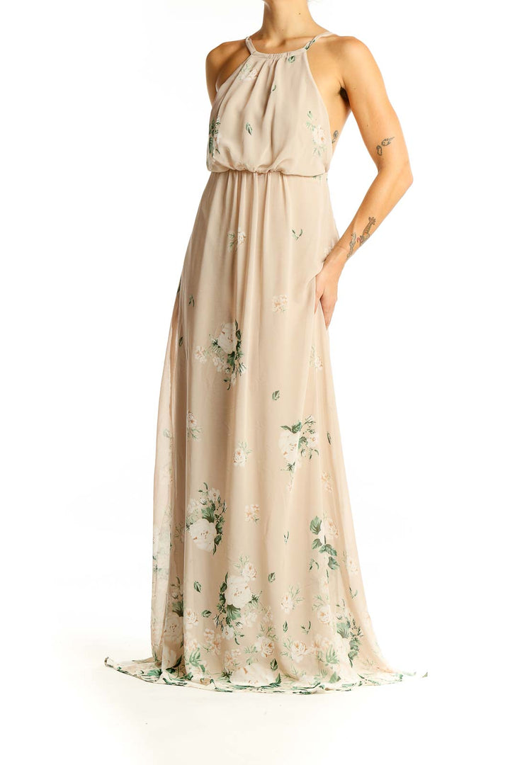 Front view of Mumu beige floral maxi dress with spaghetti straps