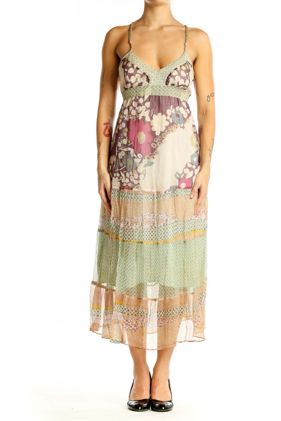 Green Pink Floral Silk Dress