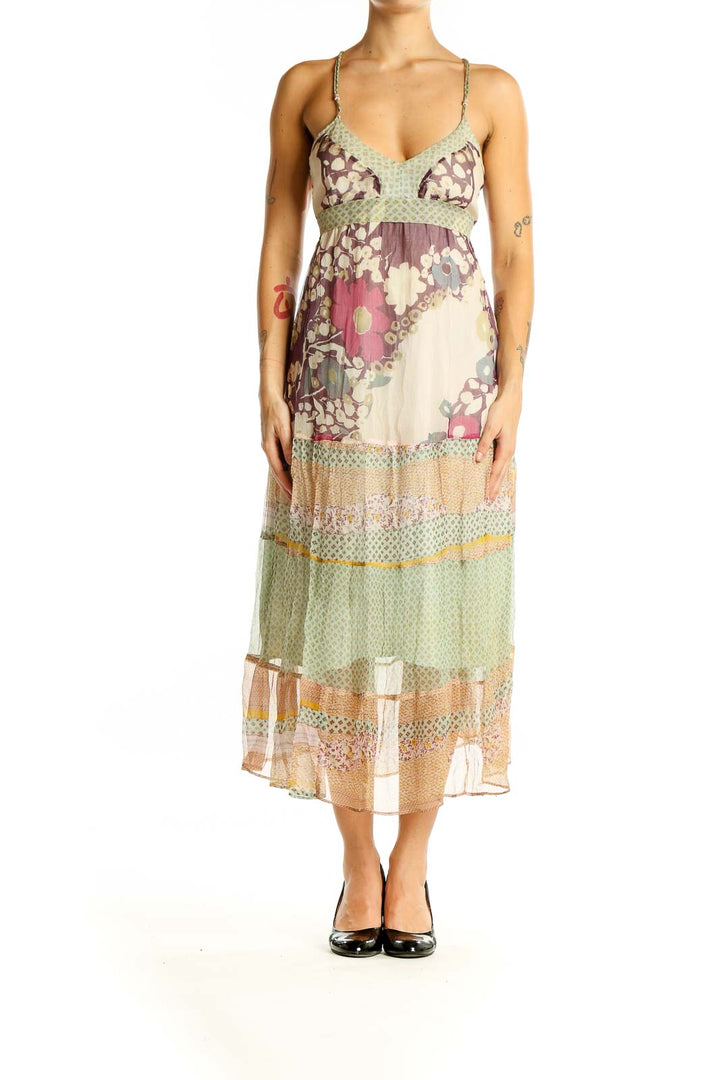 Green Pink Floral Silk Dress