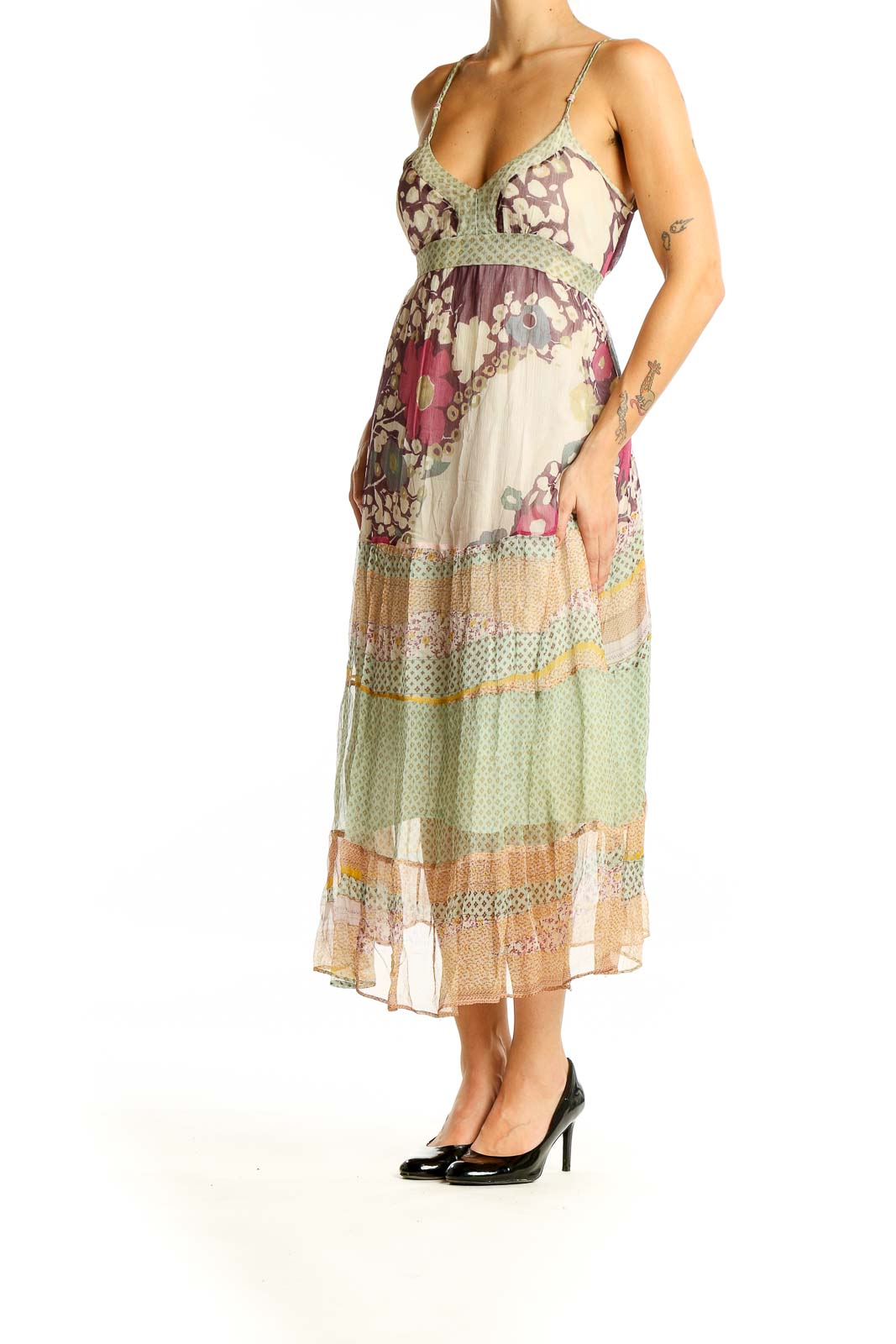 Green Pink Floral Silk Dress