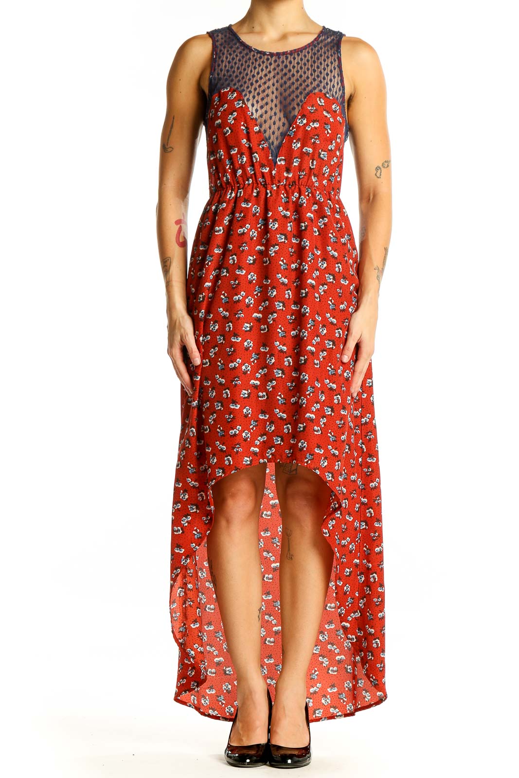 Red Blue Floral High Low Dress