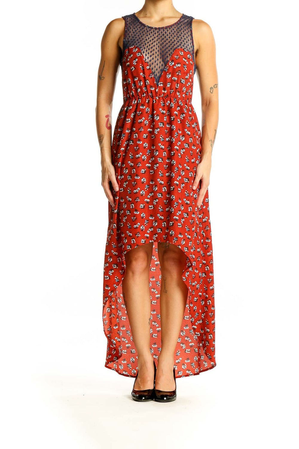 Red Blue Floral High Low Dress