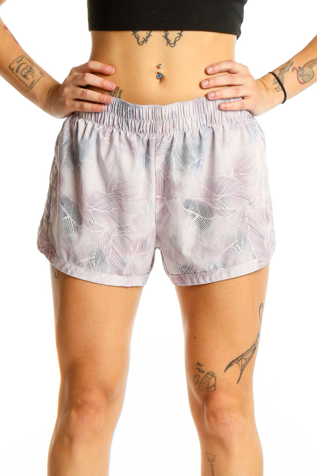 Front view of lavender floral print GapFit athletic shorts