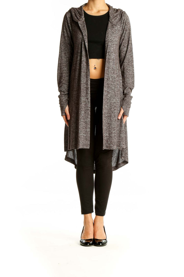 Front view of gray Athleta hooded long cardigan with open front