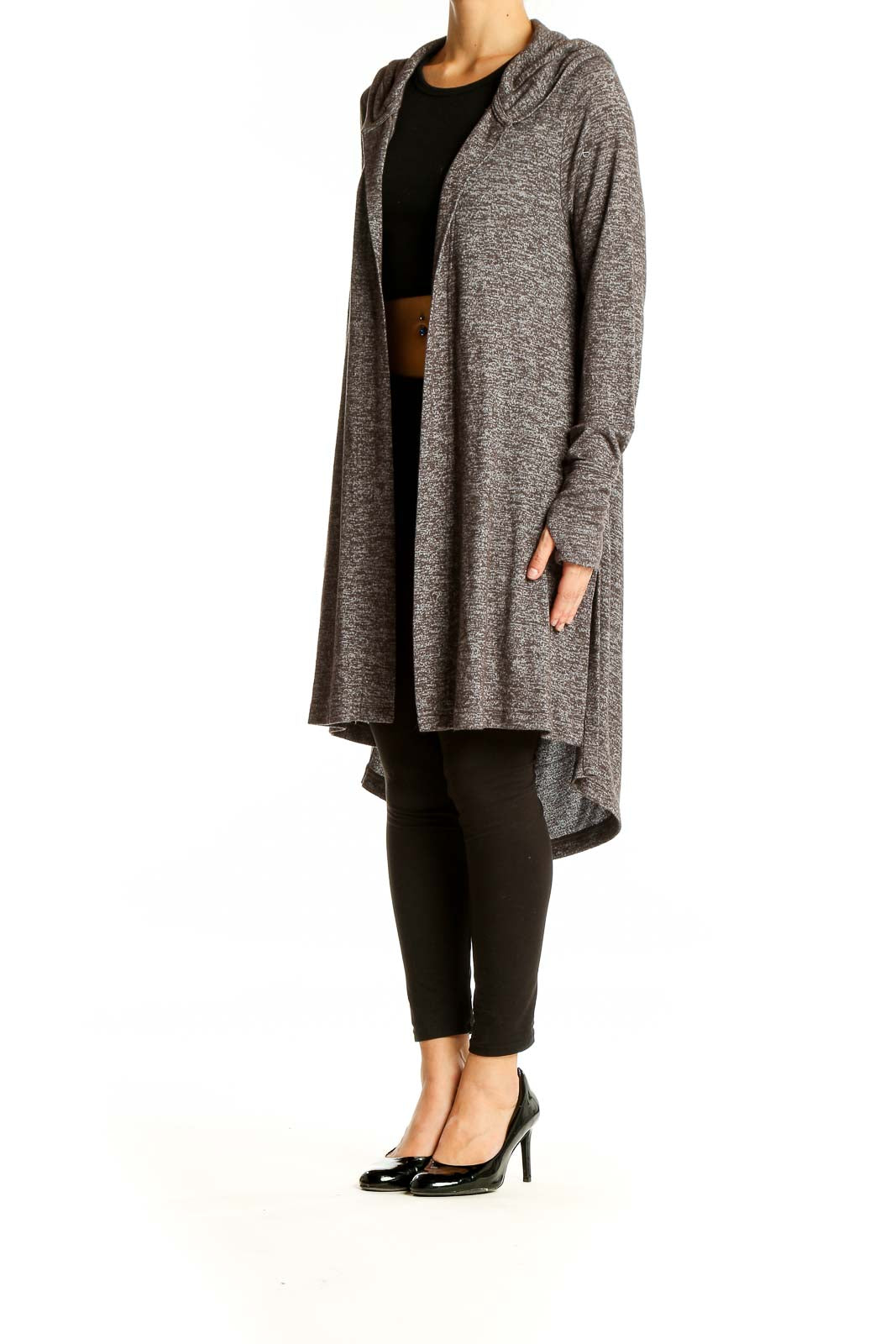 Front view of gray Athleta hooded long cardigan with open front