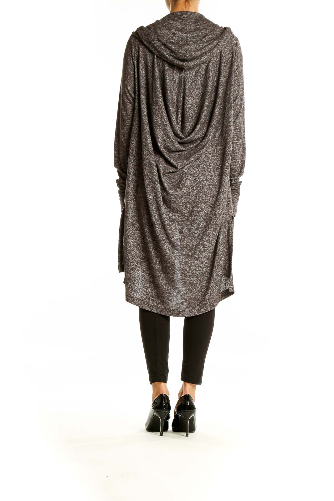 Back view of gray Athleta hooded long cardigan showing draped hood