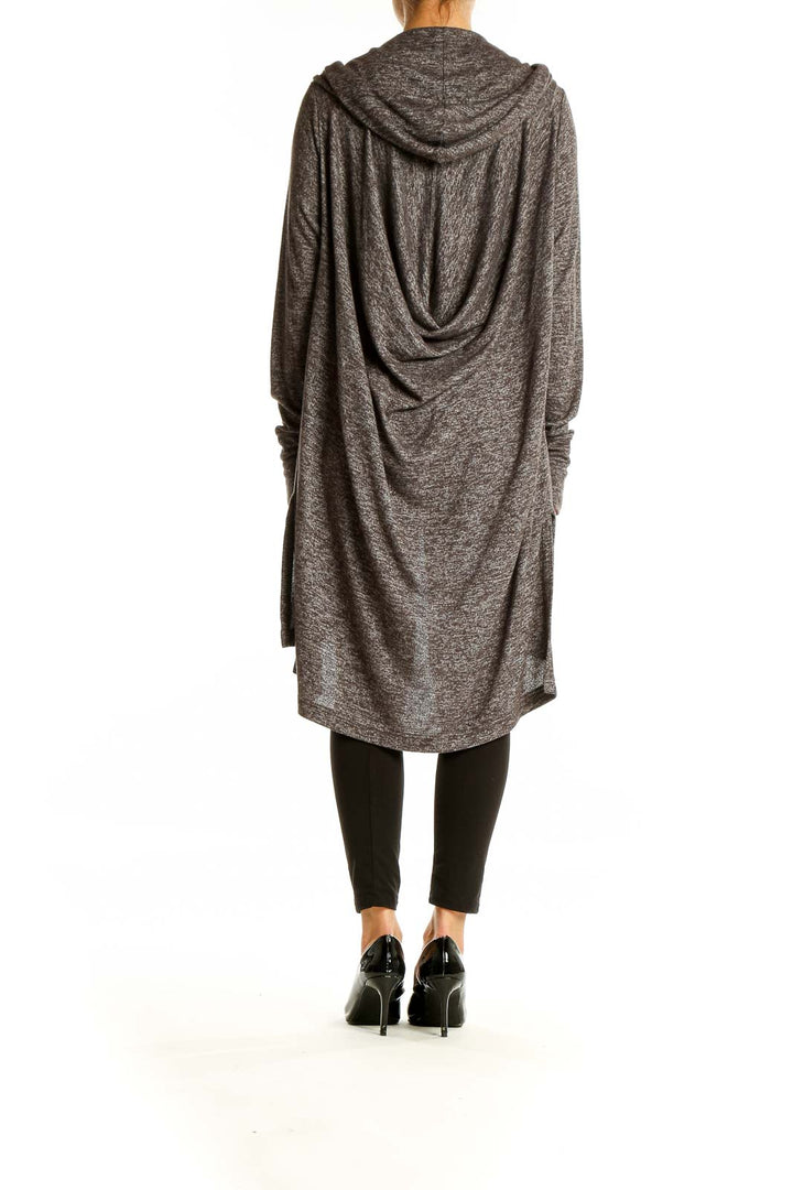 Back view of gray Athleta hooded long cardigan showing draped hood