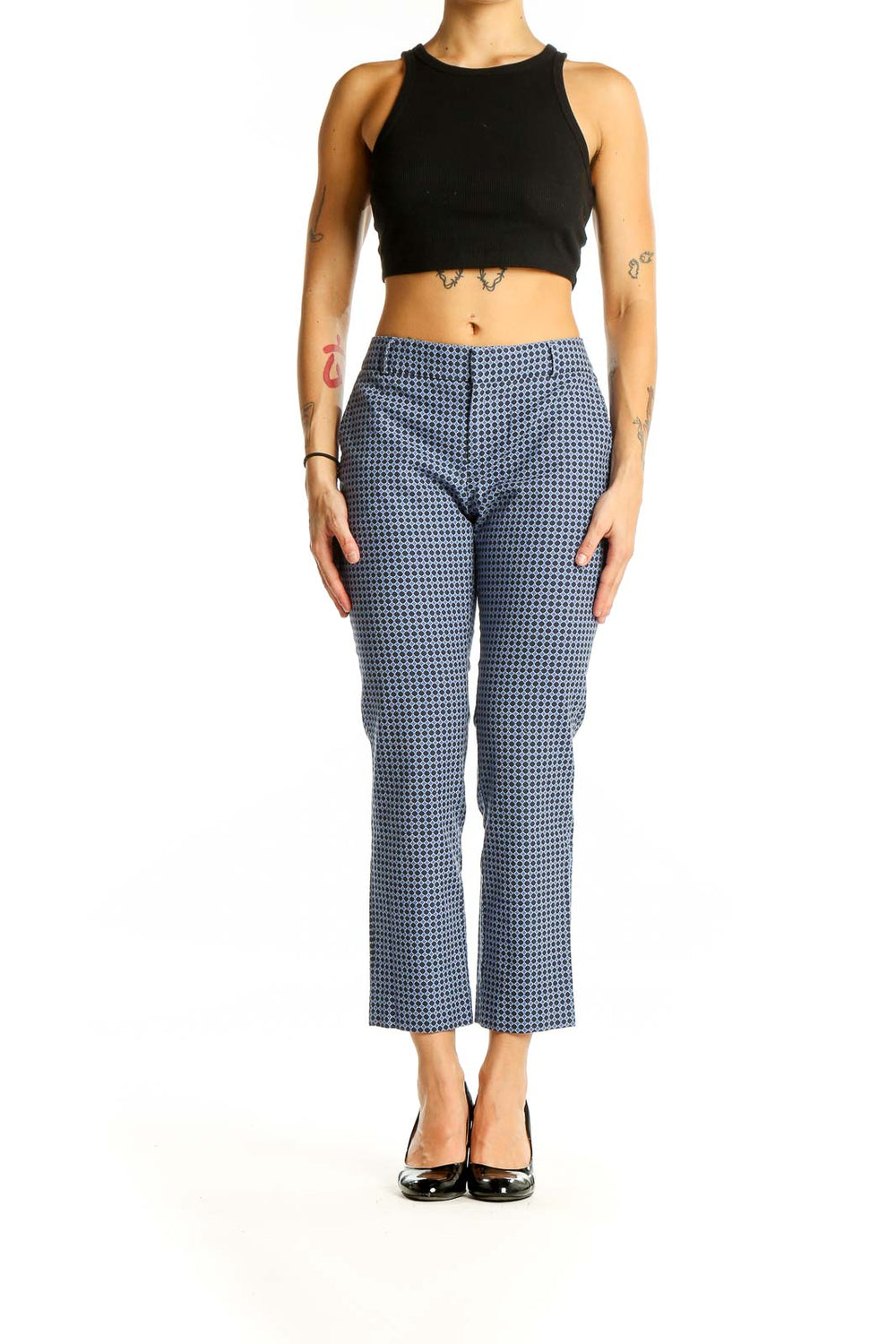 Blue Geometric Print Office Pants