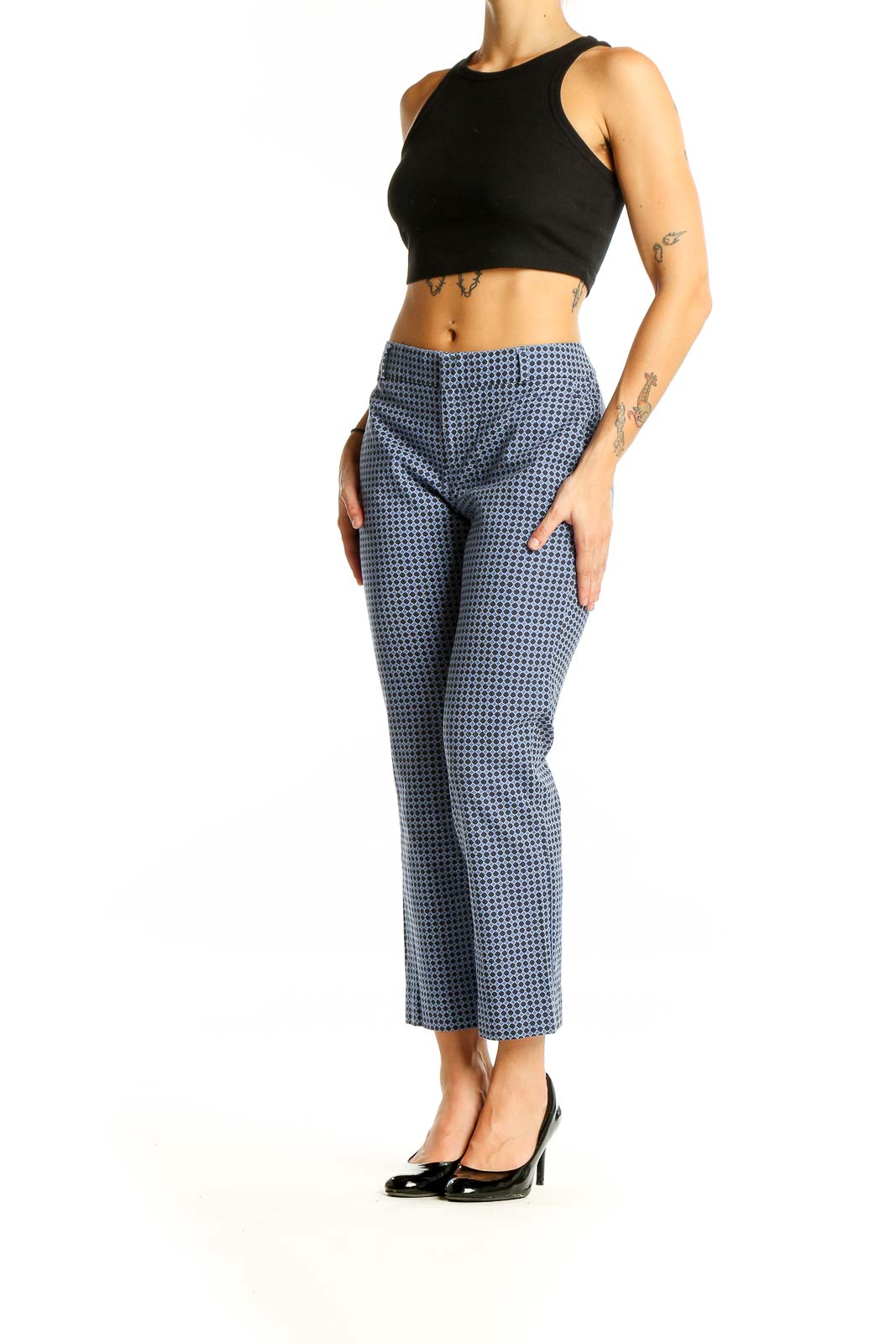 Blue Geometric Print Office Pants