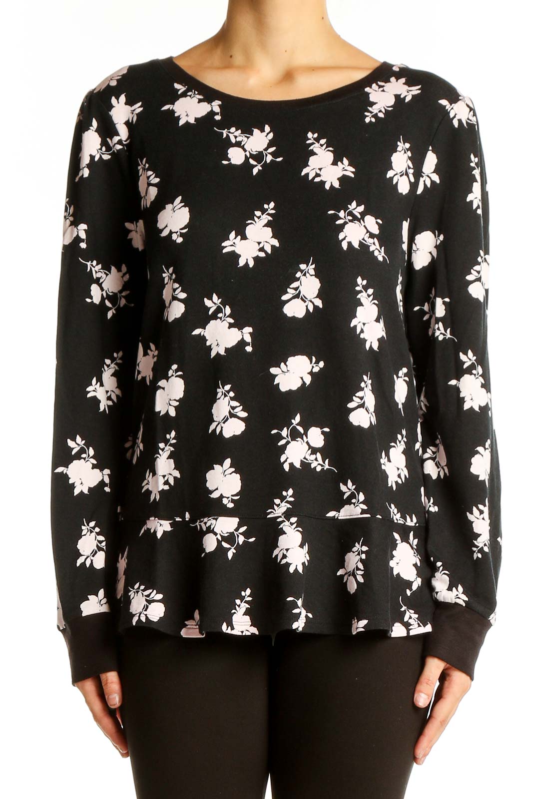 Front view of Kate Spade black floral print long sleeve top with peplum hem