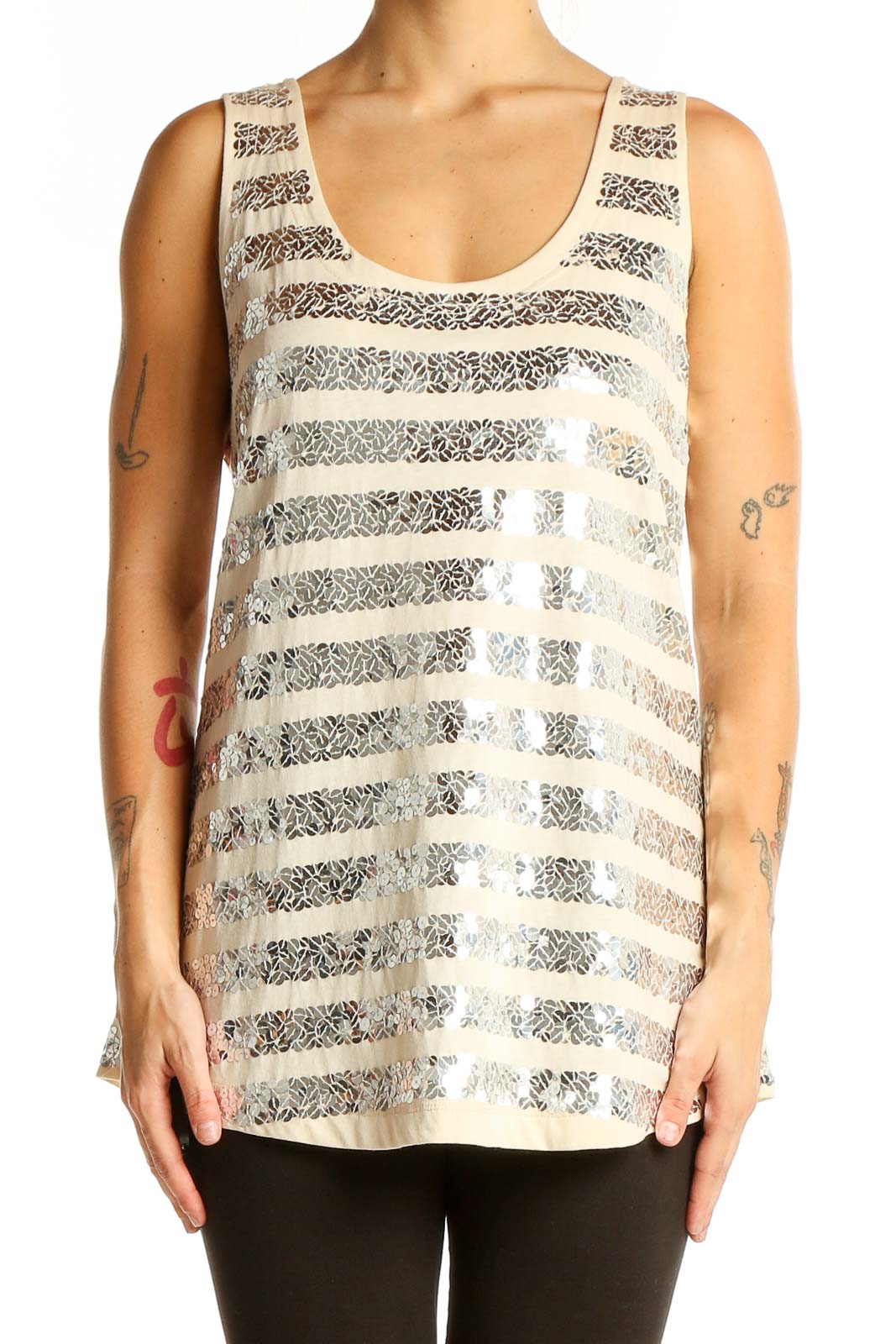 Beige Silver Sequin Tank Top