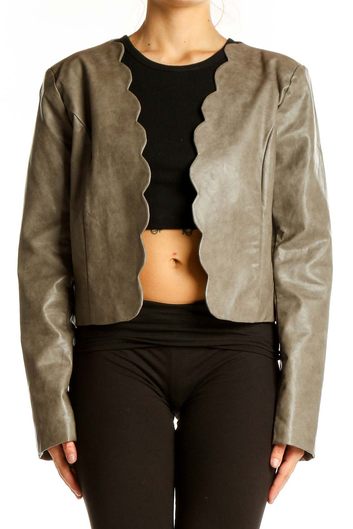 Gray Scalloped Detail Cropped Jacket