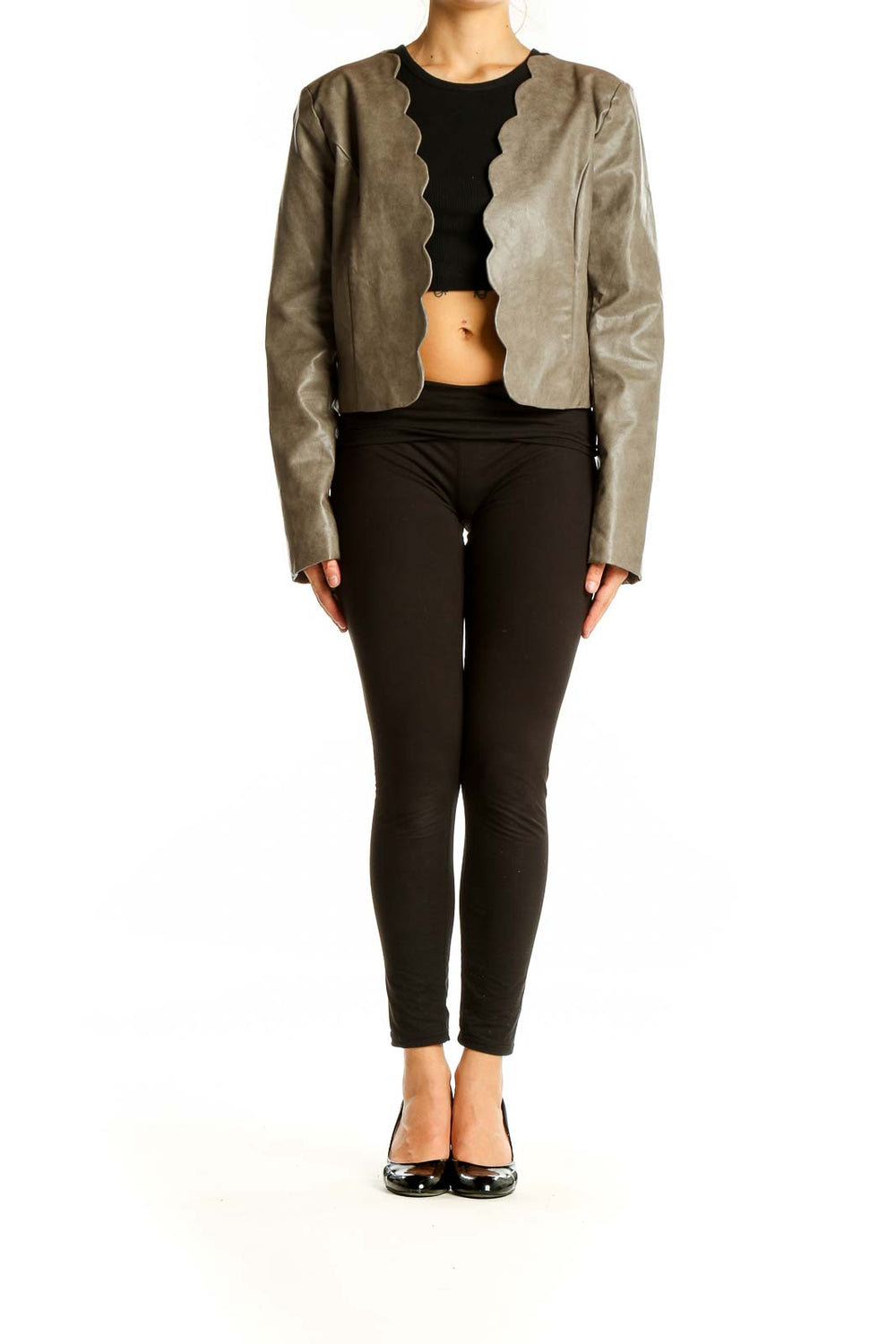 Gray Scalloped Detail Cropped Jacket