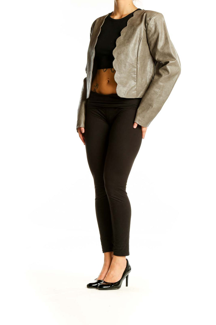 Gray Scalloped Detail Cropped Jacket