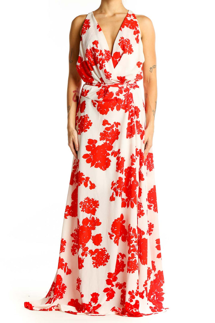 Front view of Red and White Floral Maxi Dress with plunging V-neckline