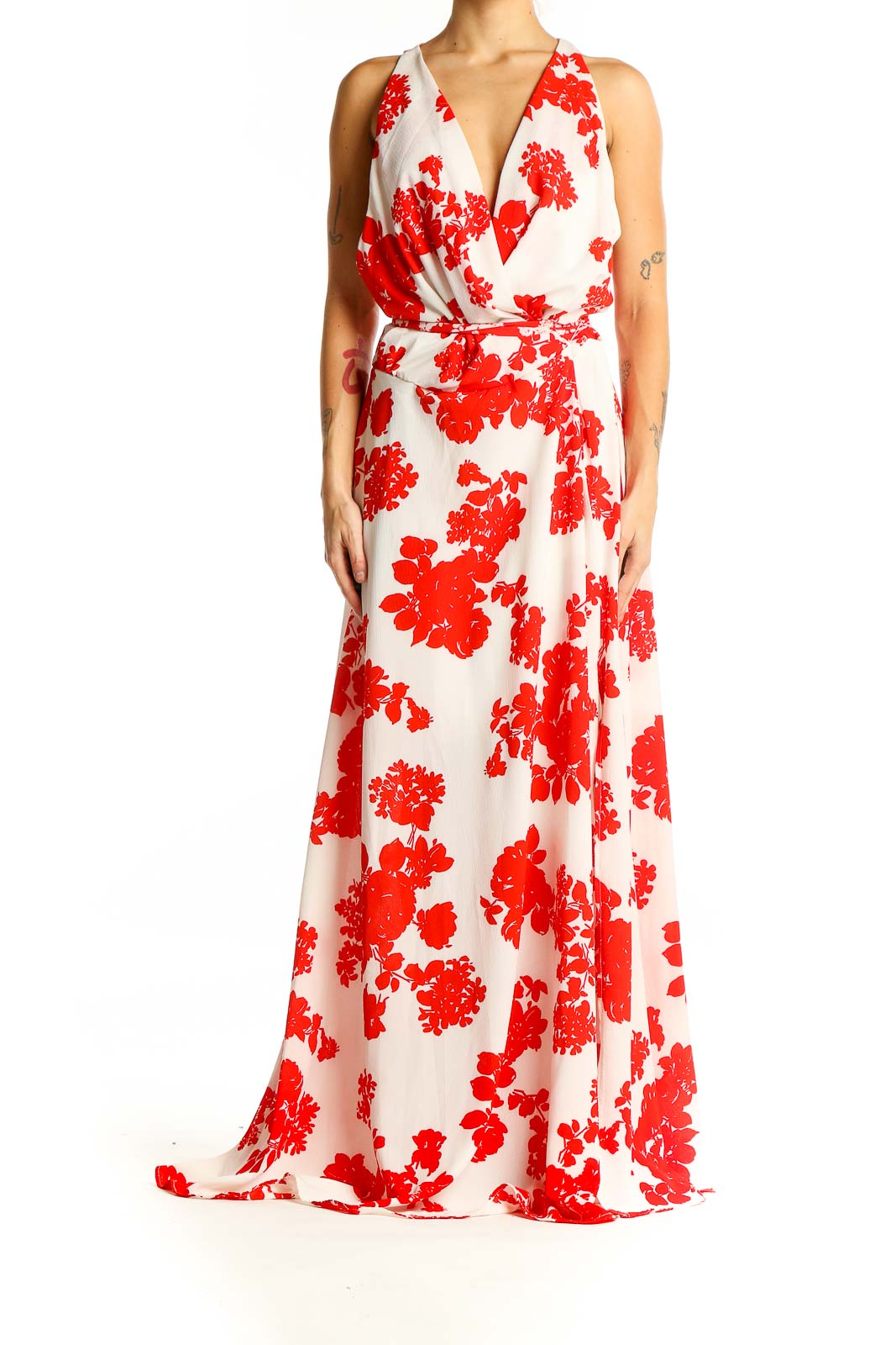 Front view of Red and White Floral Maxi Dress with plunging V-neckline