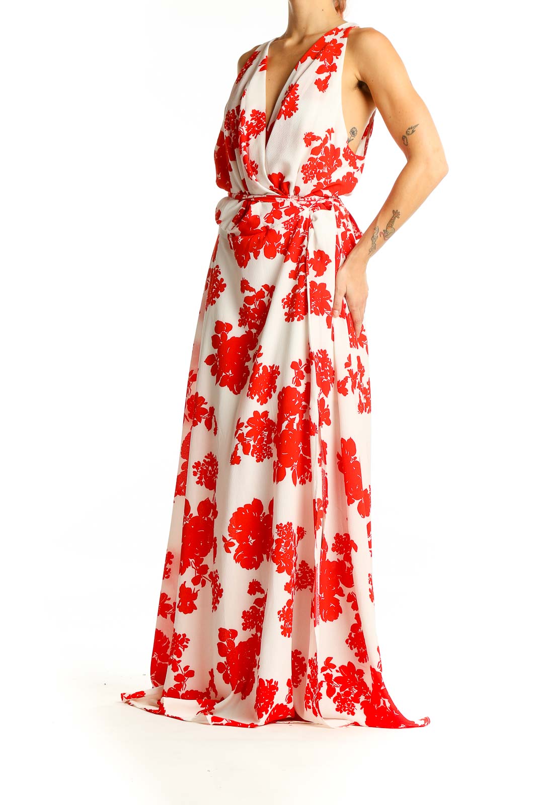 Front view of Red and White Floral Maxi Dress with plunging V-neckline