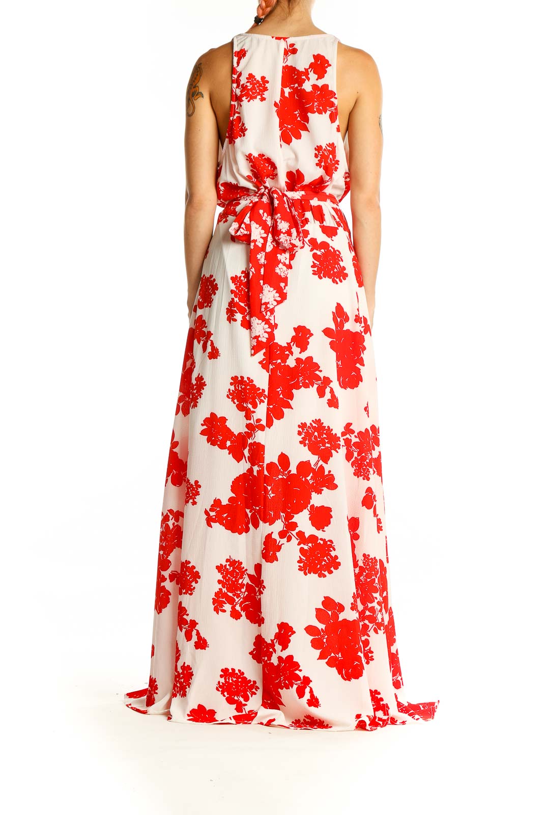 Back view of Red and White Floral Maxi Dress showing full-length design