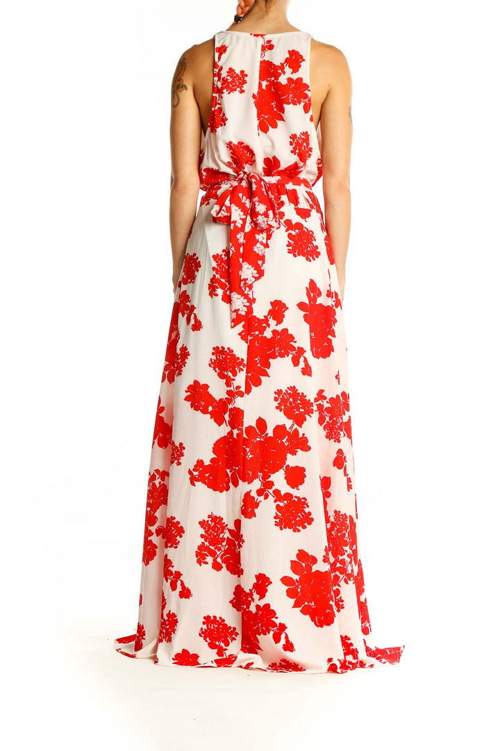 Back view of Red and White Floral Maxi Dress showing full-length design