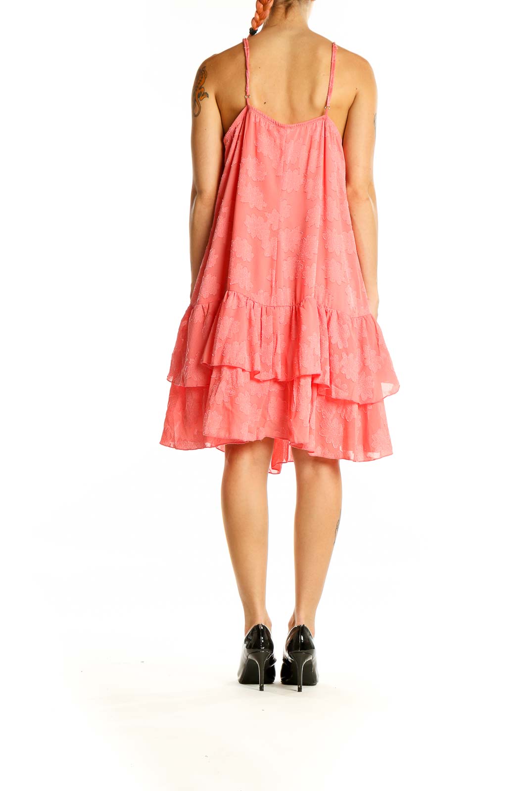 Back view of coral SilkRoll sundress showing flowy silhouette and spaghetti straps