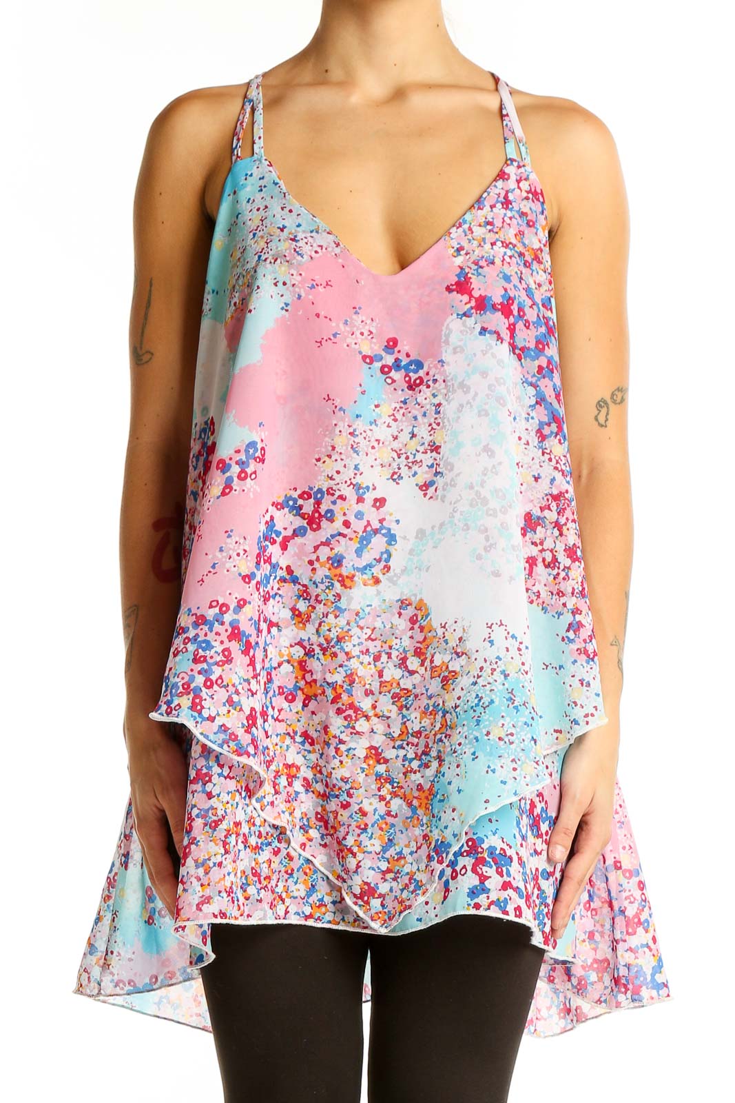 Front view of SilkRoll pastel floral print flowy tank top