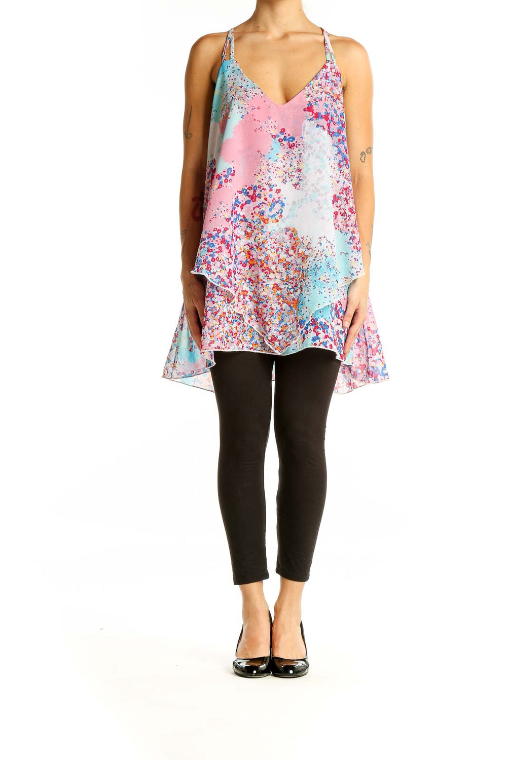 Front view of SilkRoll pastel floral print flowy tank top