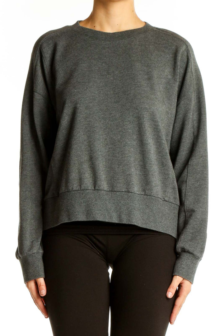 Front view of gray Banana Republic crewneck sweater on model