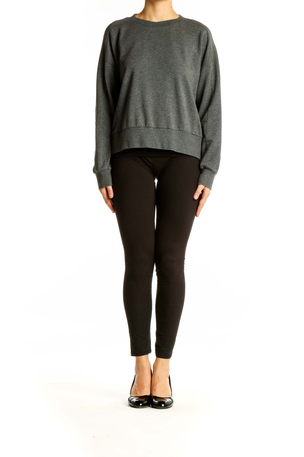 Front view of gray Banana Republic crewneck sweater on model