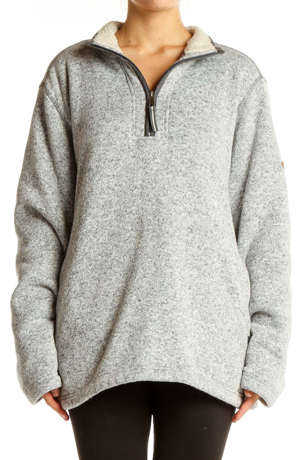 Front view of gray Orvis half-zip fleece jacket