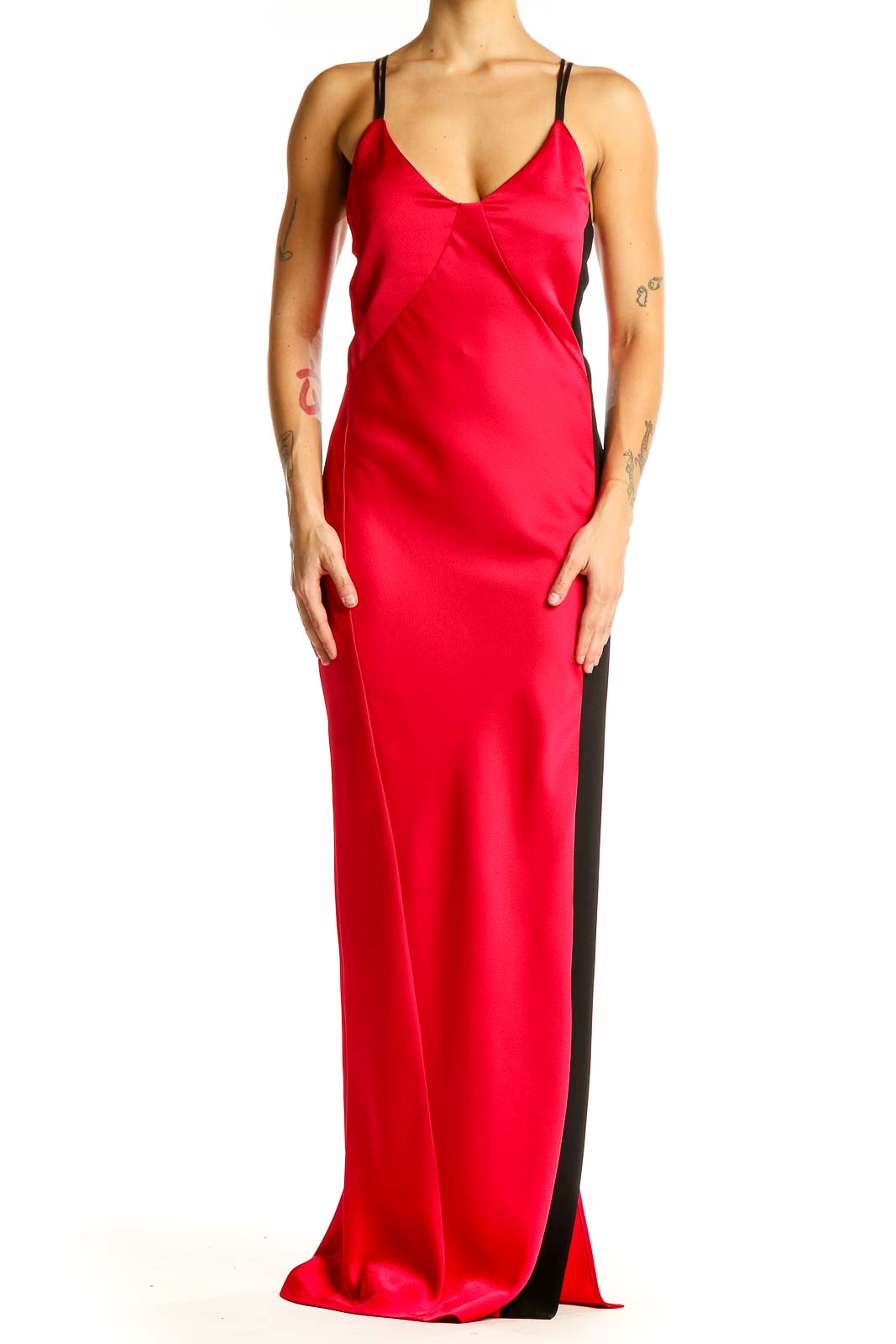 Front view of PINKO red satin maxi dress with plunging neckline and side slit