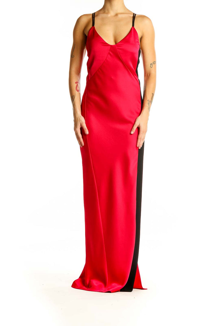 Front view of PINKO red satin maxi dress with plunging neckline and side slit