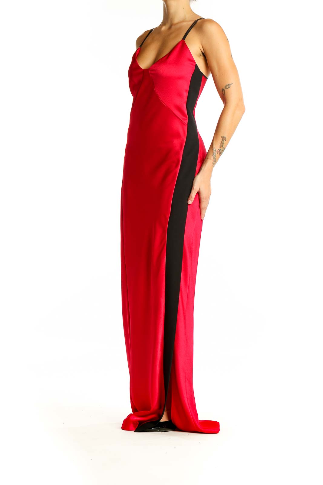 Front view of PINKO red satin maxi dress with plunging neckline and side slit