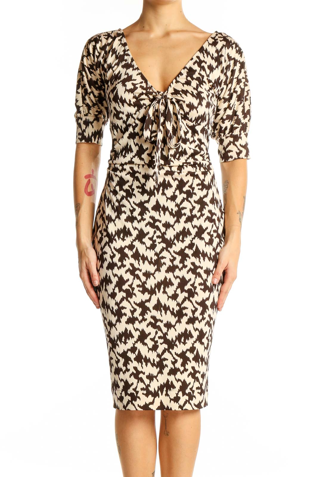 Front view of Diane von Furstenberg brown and cream abstract print silk dress with V-neckline