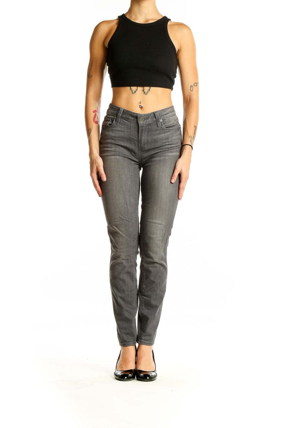 Front view of Paige gray slim fit denim jeans on model