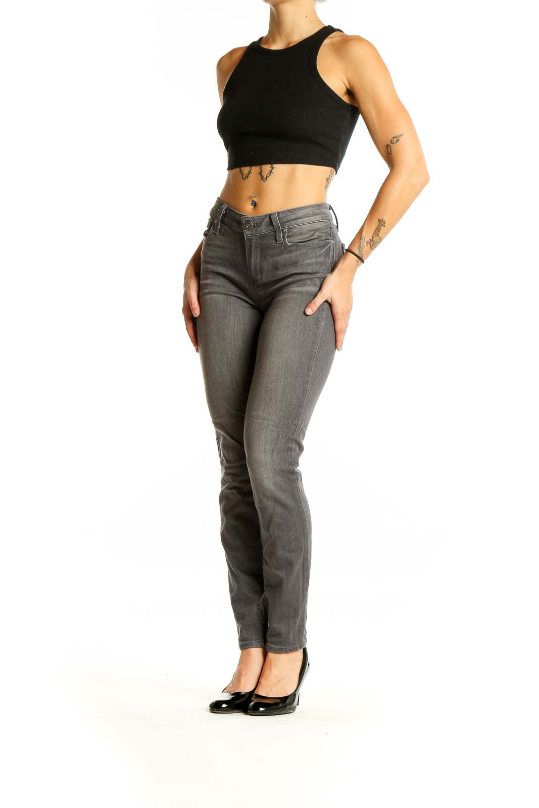 Front view of Paige gray slim fit denim jeans on model