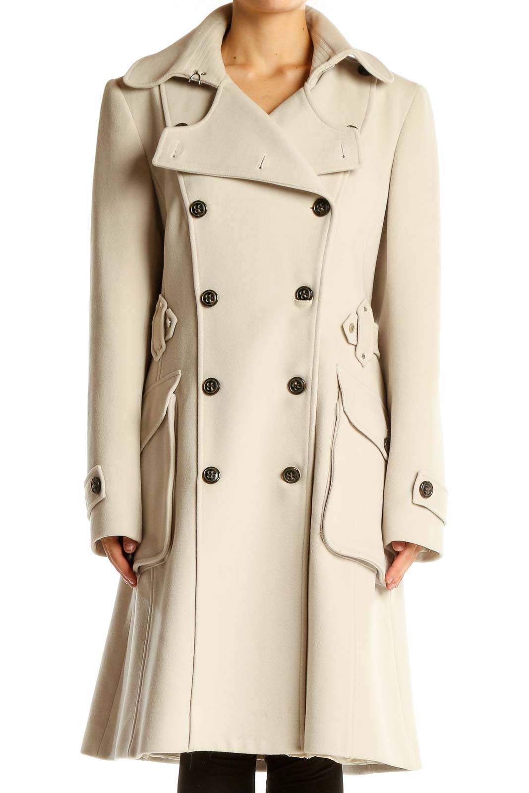 Front view of Karen Millen cream double-breasted wool blend coat